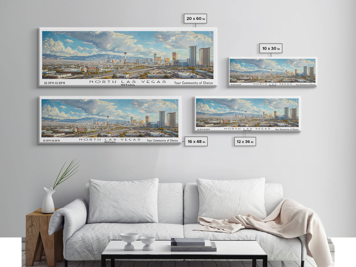 North Las Vegas Nevada Panoramic Framed Canvas Print, Cityscape Watercolor Painting, Travel Poster, Modern Home Decor, Unique Gift Idea