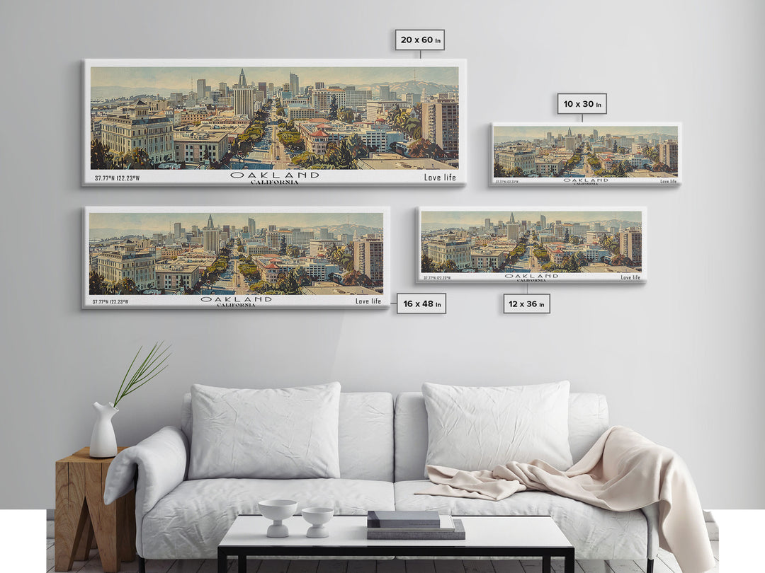 Oakland California Panoramic Wall Art, Framed Canvas Print, Stunning Watercolor Cityscape, Travel Poster, Modern Home Decor, Unique Gift