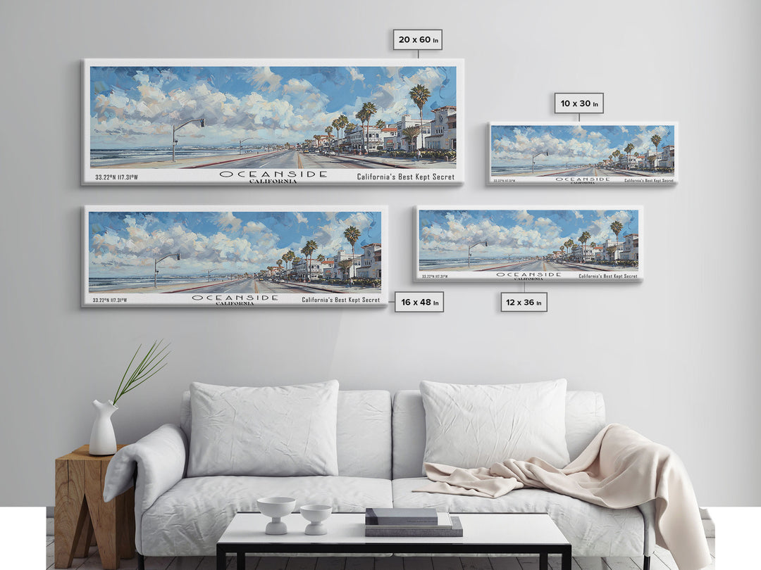 Oceanside California Panoramic Framed Canvas Print, Watercolor Cityscape Art, Travel Poster, Home Decor, Urban Gift Idea, Living Room Art