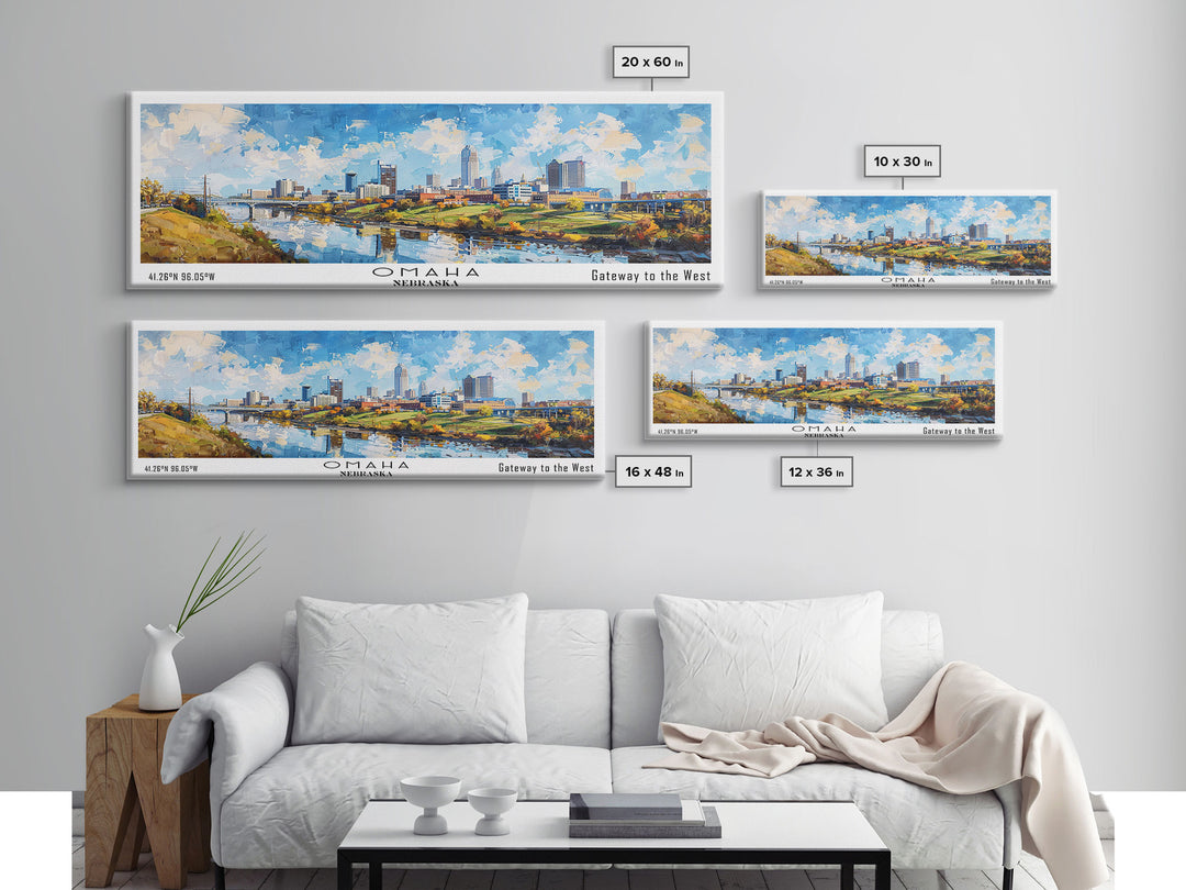 Omaha Nebraska Panoramic Framed Canvas Print, Cityscape Watercolor Painting, Travel Poster, Home Decor, Urban Gift Idea, Office Wall Art