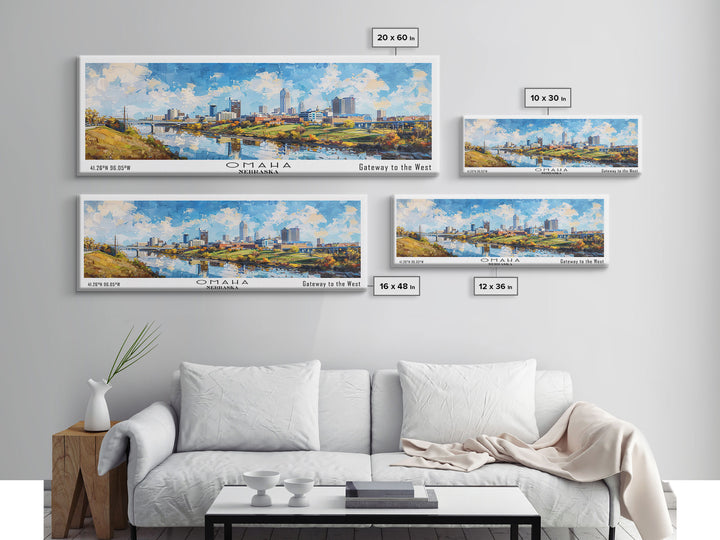 Omaha Nebraska Panoramic Framed Canvas Print, Cityscape Watercolor Painting, Travel Poster, Home Decor, Urban Gift Idea, Office Wall Art