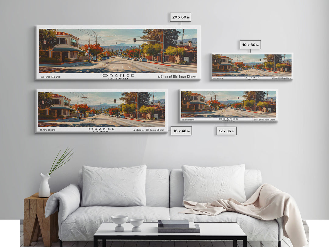 Orange California Panoramic Framed Canvas Print, Cityscape Watercolor Painting, Travel Poster for Home Decor, Urban Art, Unique Gift Idea
