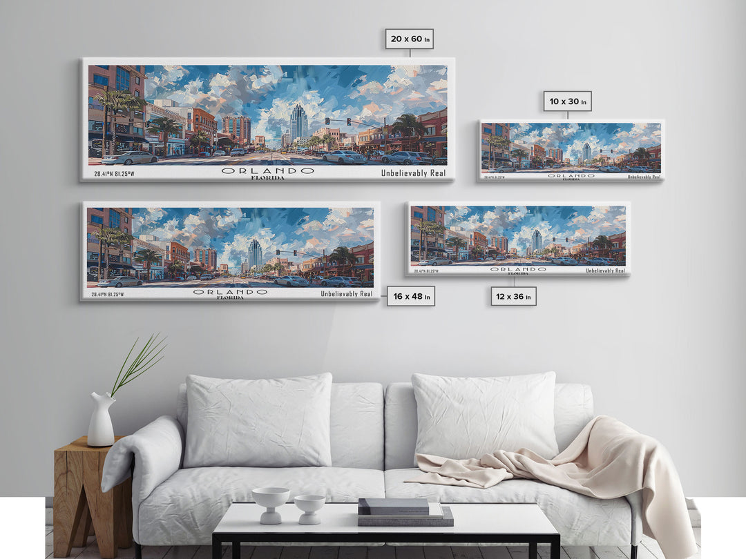Orlando Florida Panoramic Painting, Framed Canvas Print, Beautiful Cityscape Watercolor Art, Travel Poster, Home Decor, Unique Gift Idea