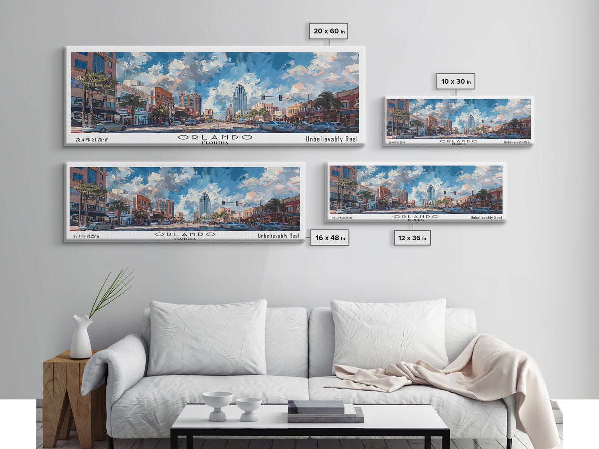 Orlando Florida Panoramic Painting, Framed Canvas Print, Beautiful Cityscape Watercolor Art, Travel Poster, Home Decor, Unique Gift Idea