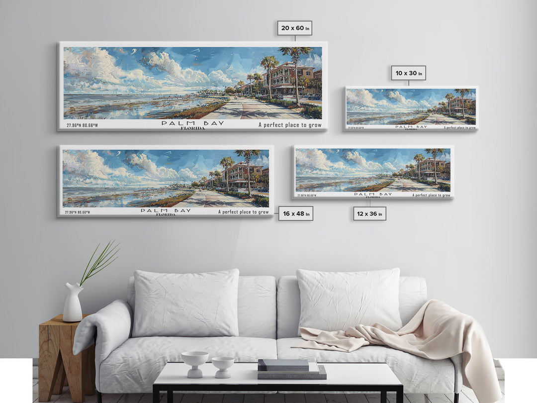 Palm Bay Florida Panoramic Framed Canvas Print, Watercolor Cityscape Art, Travel Poster, Home Decor, Urban Gift Idea, Living Room Art