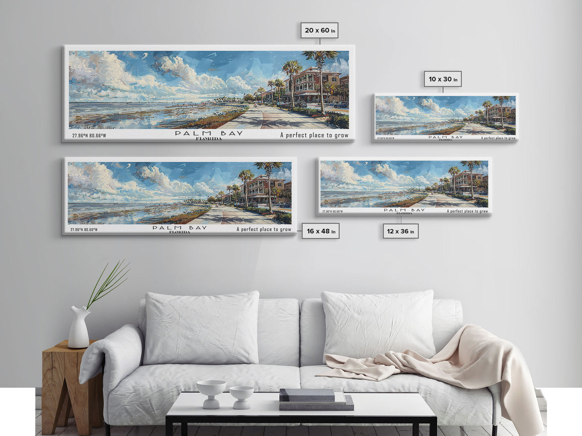 Palm Bay Florida Panoramic Framed Canvas Print, Watercolor Cityscape Art, Travel Poster, Home Decor, Urban Gift Idea, Living Room Art