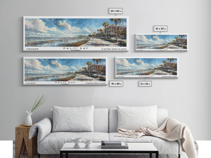 Palm Bay Florida Panoramic Framed Canvas Print, Watercolor Cityscape Art, Travel Poster, Home Decor, Urban Gift Idea, Living Room Art