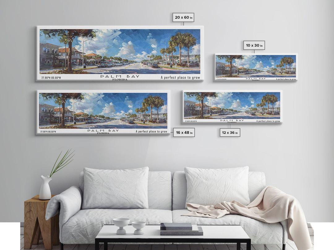 Palm Bay Florida Panoramic Painting, Framed Canvas Print, Beautiful Cityscape Watercolor Art, Travel Poster, Modern Home Decor, Unique Gift