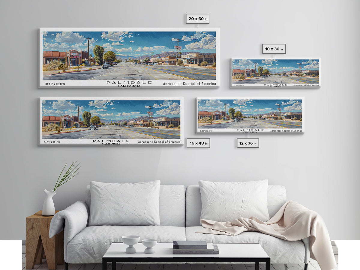 Palmdale California Panoramic Framed Canvas Print, Cityscape Watercolor Painting, Travel Poster for Home Decor, Urban Art, Unique Gift Idea
