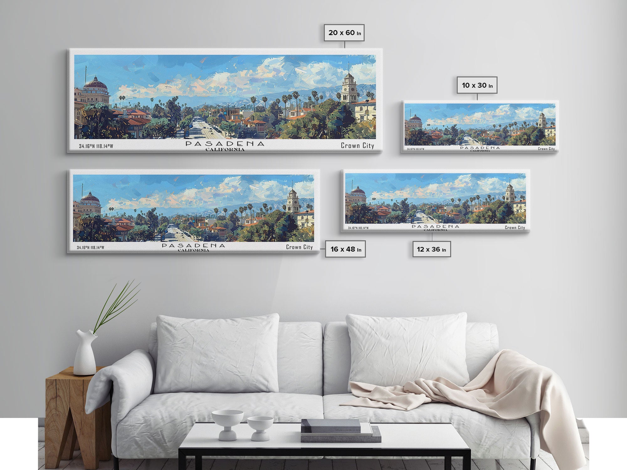 Pasadena California Panoramic Painting, Framed Canvas Print, Stunning Cityscape Watercolor Art, Travel Poster, Modern Home Decor, Unique Gift