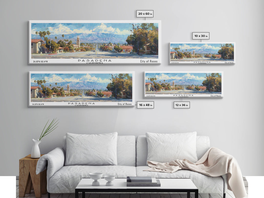 Pasadena California Panoramic Framed Canvas Print, Cityscape Watercolor Painting, Travel Poster, Home Decor, Urban Gift Idea, Office Wall Art