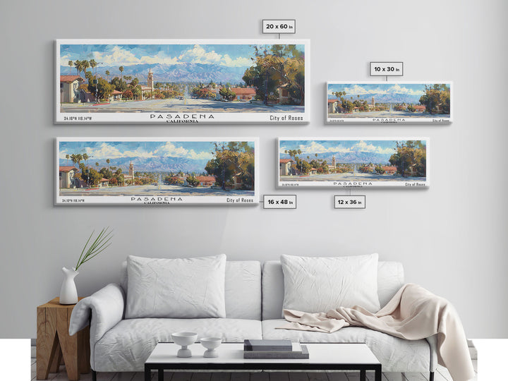 Pasadena California Panoramic Framed Canvas Print, Cityscape Watercolor Painting, Travel Poster, Home Decor, Urban Gift Idea, Office Wall Art