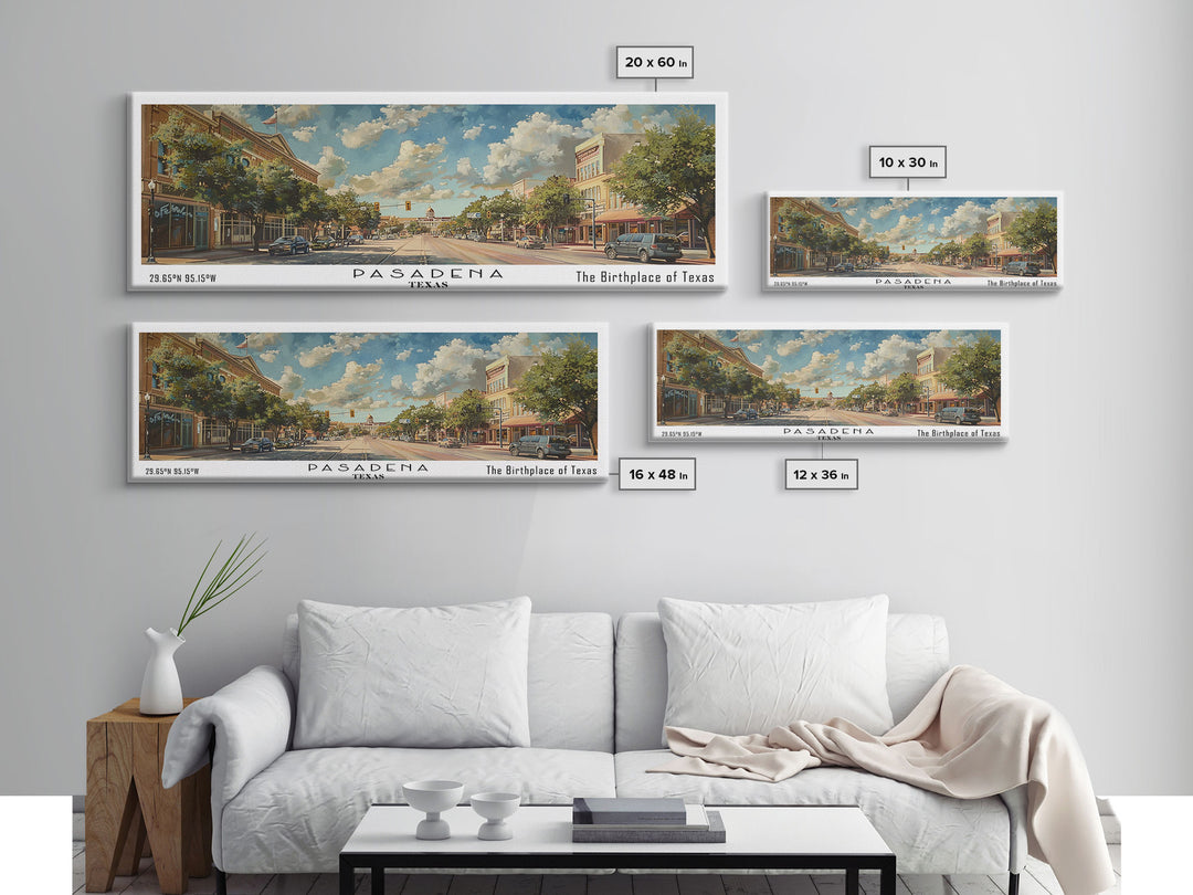 Pasadena Texas Panoramic Painting, Framed Canvas Print, Beautiful Cityscape Watercolor Art, Travel Poster for Home Decor, Unique Gift Idea