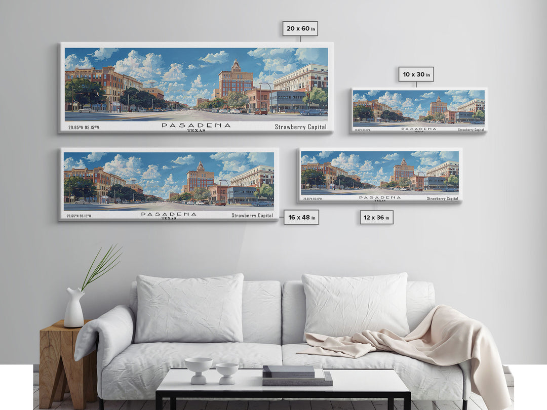 Pasadena Texas Panoramic Framed Canvas Print, Cityscape Watercolor Painting, Travel Poster, Modern Home Decor, Urban Gift Idea