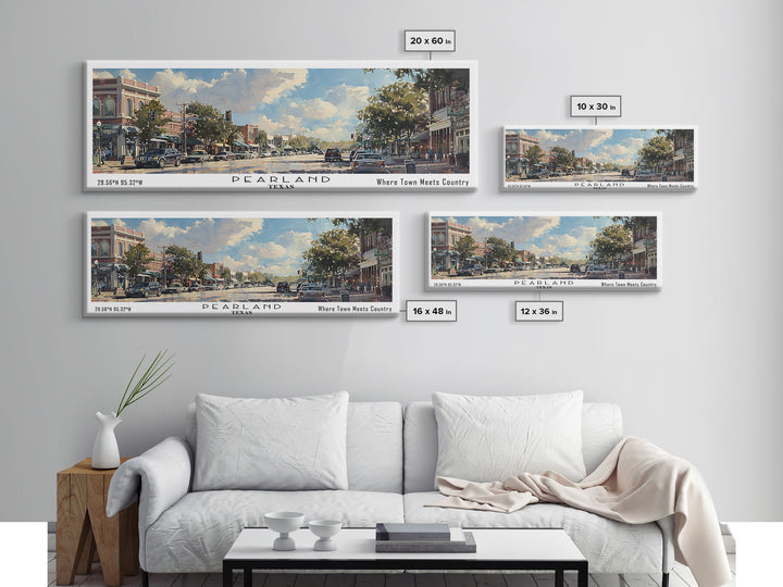 Pearland Texas Panoramic Framed Canvas Print, Cityscape Watercolor Painting, Travel Poster for Home Decor, Urban Art, Unique Gift Idea