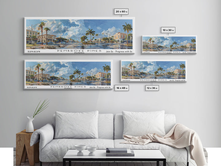 Pembroke Pines Florida Panoramic Painting, Framed Canvas Print, Beautiful Cityscape Watercolor Art, Travel Poster, Modern Home Decor