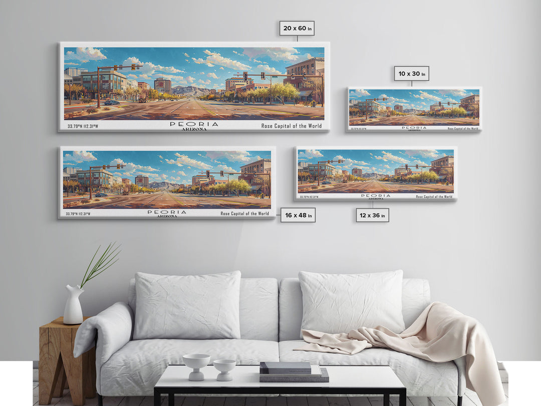 Peoria Arizona Panoramic Framed Canvas Print, Watercolor Cityscape Art, Travel Poster, Home Decor, Urban Gift Idea, Living Room Art