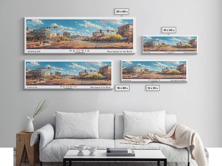 Peoria Arizona Panoramic Framed Canvas Print, Watercolor Cityscape Art, Travel Poster, Home Decor, Urban Gift Idea, Living Room Art