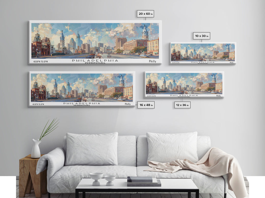 Philadelphia Pennsylvania Panoramic Painting, Framed Canvas Print, Stunning Cityscape Watercolor Art, Travel Poster, Modern Home Decor