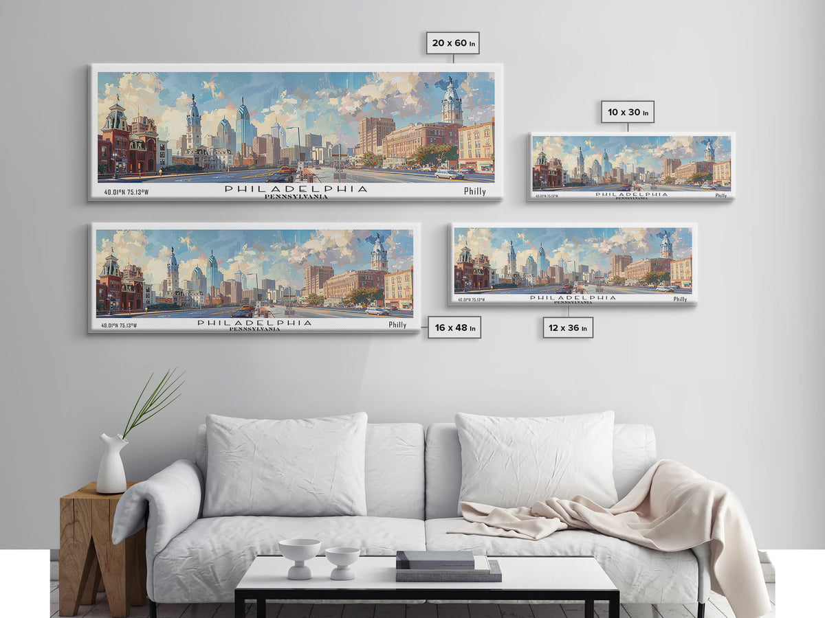 Philadelphia Pennsylvania Panoramic Painting, Framed Canvas Print, Stunning Cityscape Watercolor Art, Travel Poster, Modern Home Decor