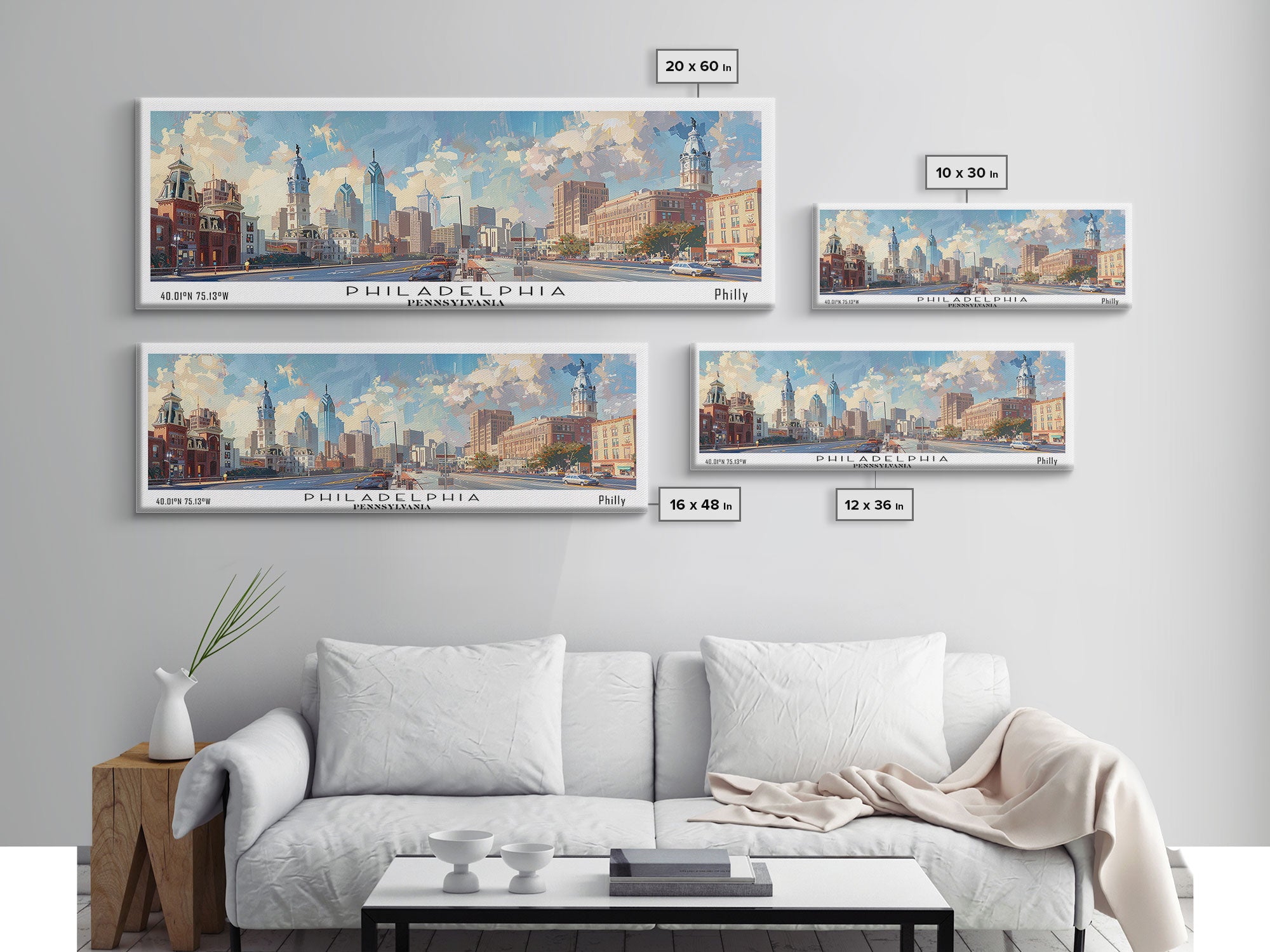 Philadelphia Pennsylvania Panoramic Painting, Framed Canvas Print, Stunning Cityscape Watercolor Art, Travel Poster, Modern Home Decor
