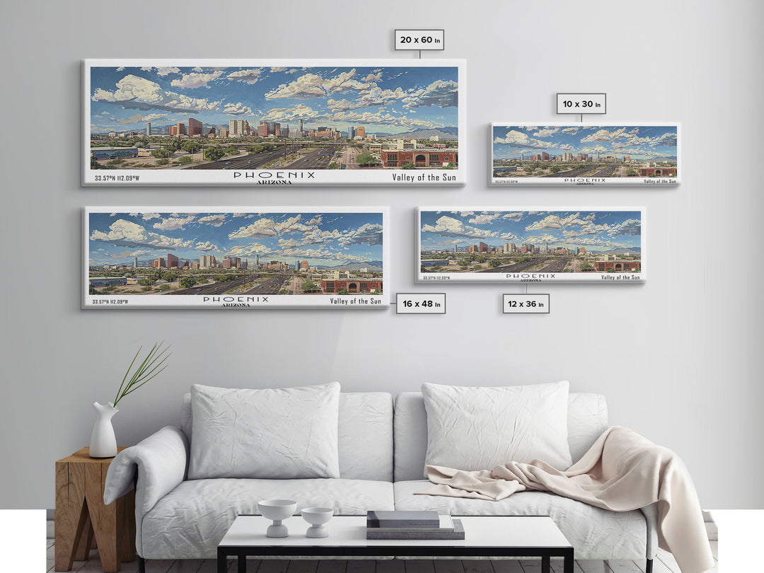 Phoenix Arizona Panoramic Framed Canvas Print, Cityscape Watercolor Painting, Travel Poster for Home Decor, Urban Art, Unique Gift Idea
