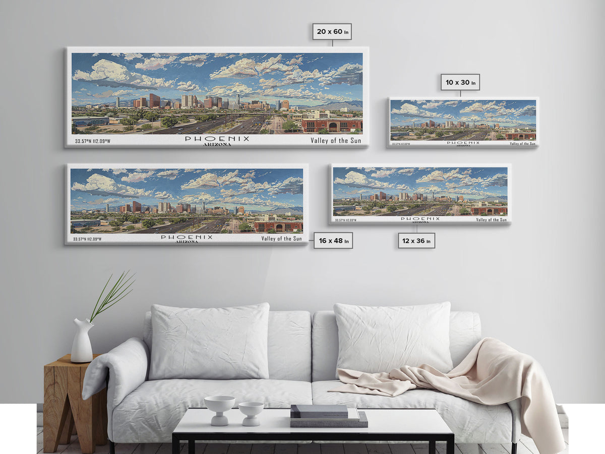Phoenix Arizona Panoramic Framed Canvas Print, Cityscape Watercolor Painting, Travel Poster for Home Decor, Urban Art, Unique Gift Idea