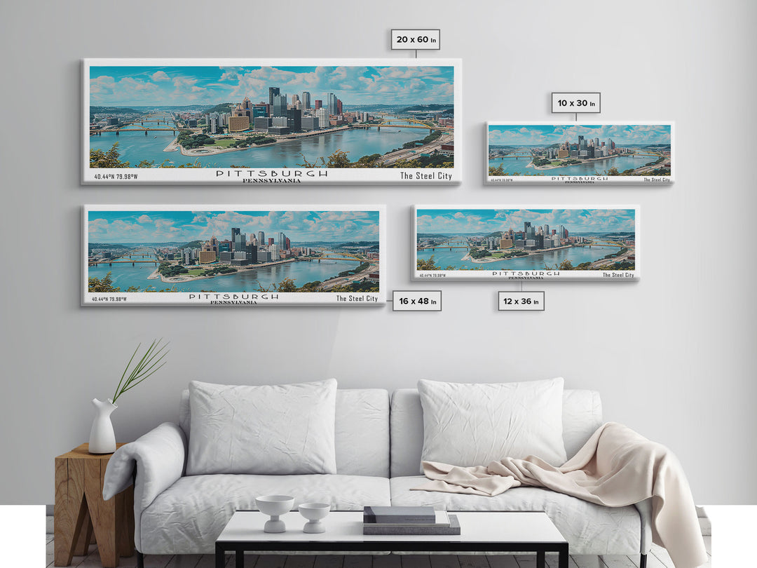 Pittsburgh Pennsylvania Panoramic Painting, Framed Canvas Print, Beautiful Cityscape Watercolor Art, Travel Poster, Modern Home Decor