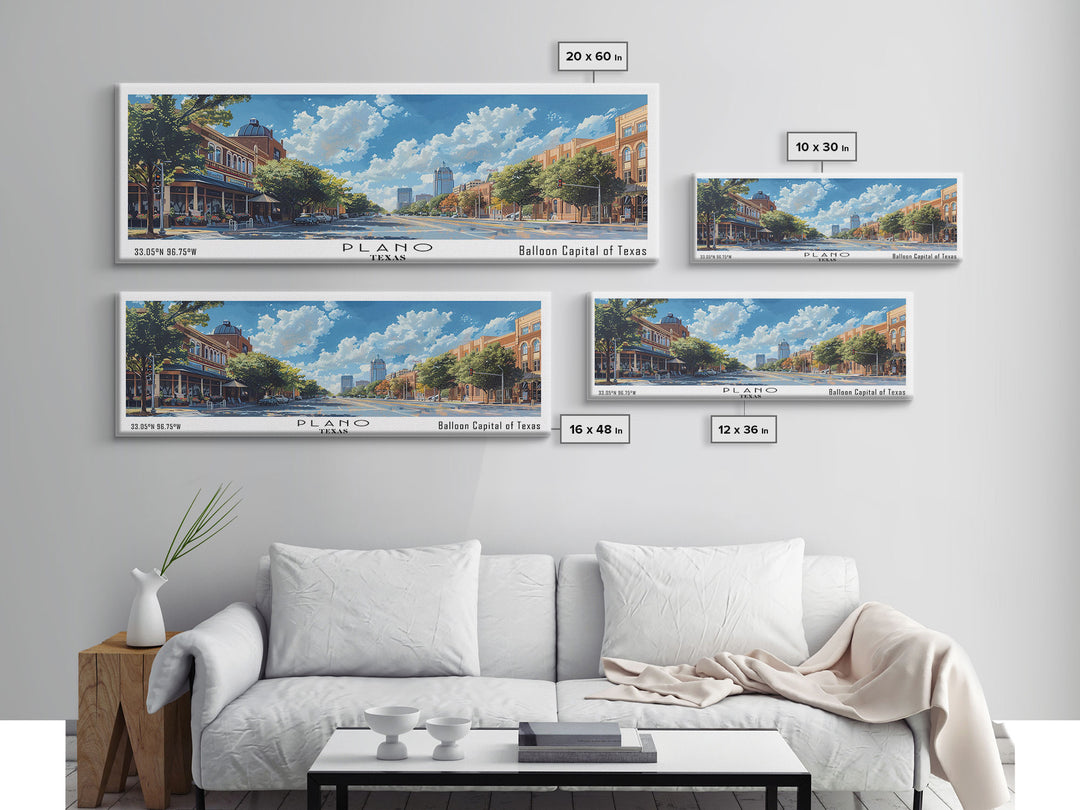 Plano Texas Panoramic Framed Canvas Print, Cityscape Watercolor Painting, Travel Poster for Home Decor, Urban Art, Unique Gift Idea