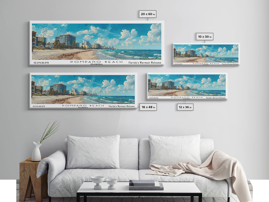 Pompano Beach Florida Panoramic Framed Canvas Print, Watercolor Cityscape Art, Travel Poster, Home Decor, Urban Gift Idea, Living Room Art