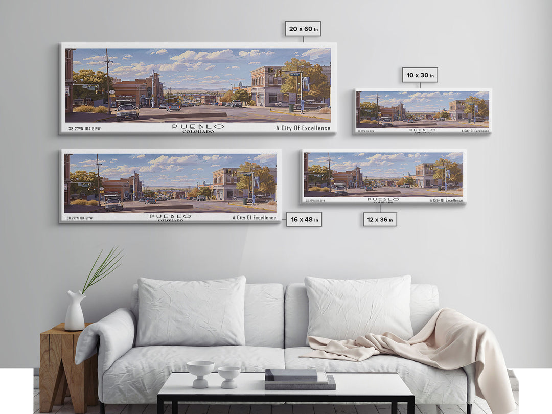 Pueblo Colorado Panoramic Print, Trendy Framed Canvas Print, City Travel Poster, Home Wall Art, Living Room Decor, Artistic Gift