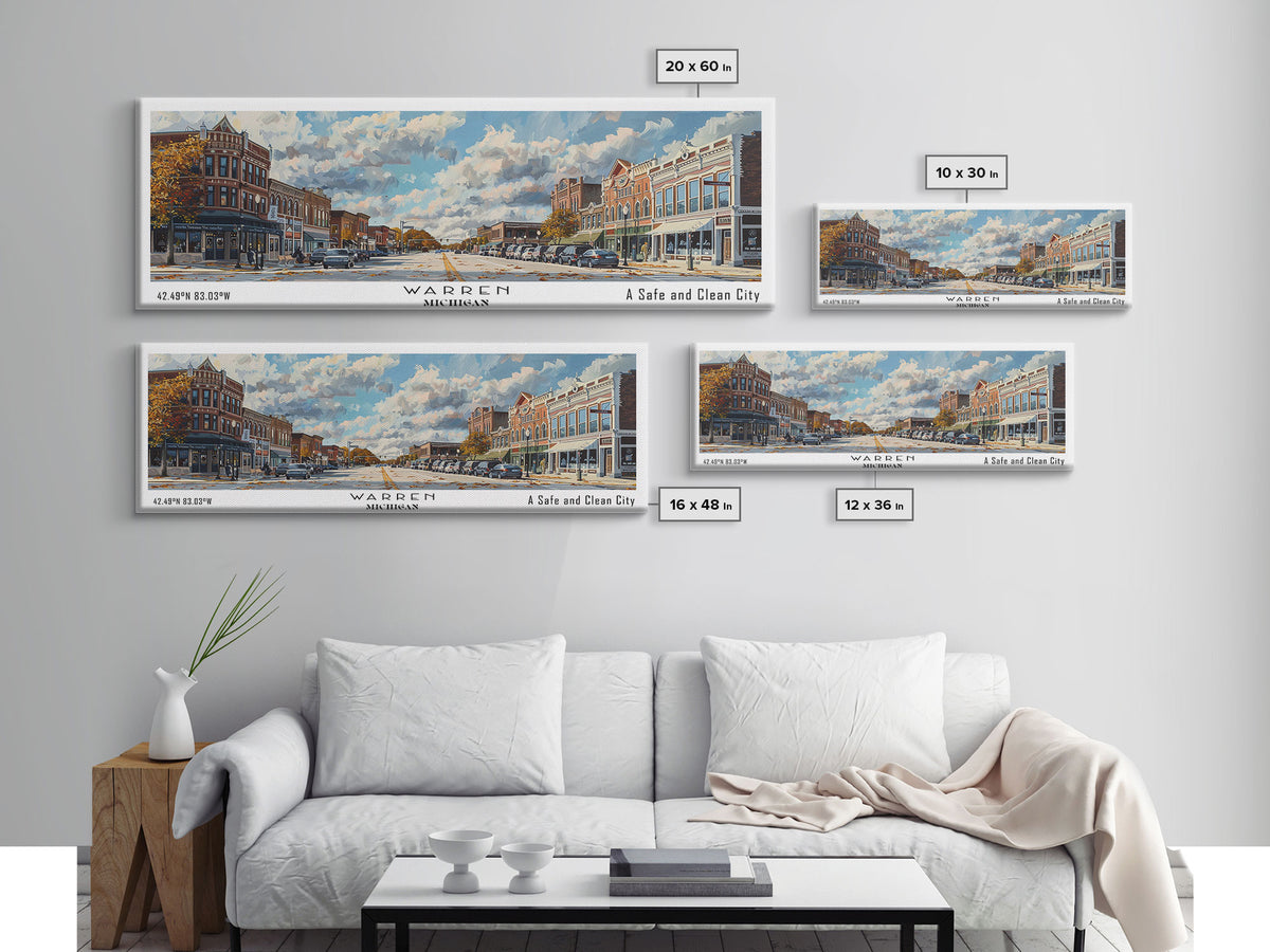 Warren Michigan Panoramic Framed Canvas Print, Vintage Travel Poster, Unique Wall Art, Artistic Home Decor, Office Gift Idea