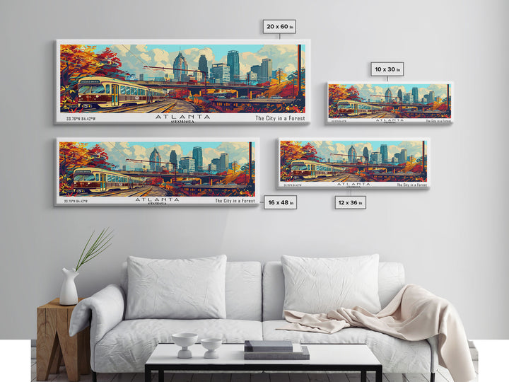 Atlanta Georgia Panoramic Wall Art Framed Canvas Print, Mid Century Modern Art, Pop Art Style, Travel Poster, Home Decor, Wall Hanging