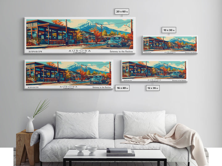 Aurora Colorado Panoramic Painting Framed Canvas Print, Mid Century Modern Art, Pop Art Style, Travel Poster, Wall Art Decor, Retro Style