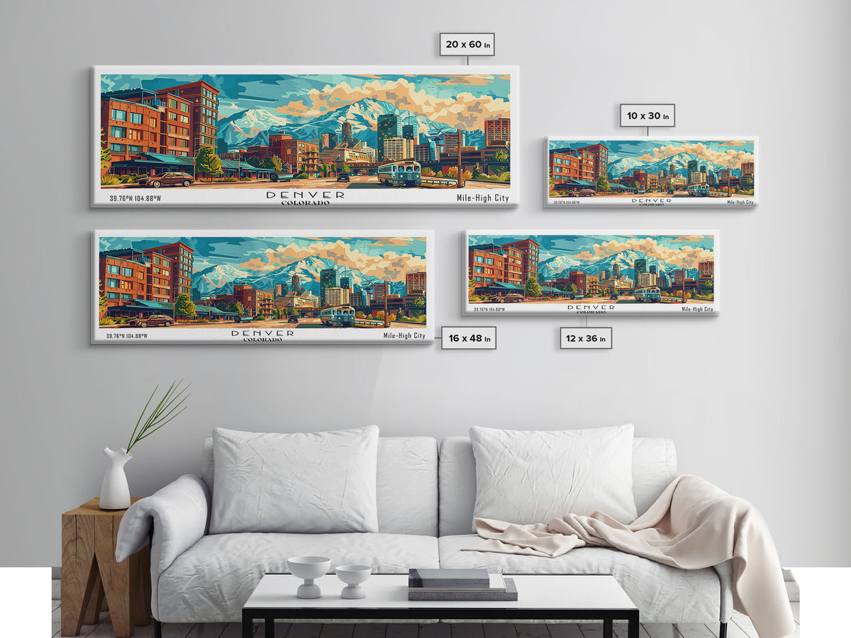 Denver Colorado Panoramic Painting Framed Canvas Print, Mid Century Modern Art, Pop Art Style, Travel Poster, Wall Art Decor, Retro Style