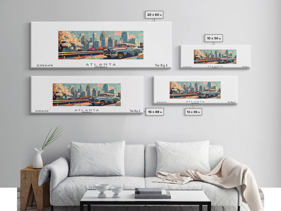 Atlanta Georgia Panoramic Painting, Mid Century Modern Framed Canvas Print, Retro Pop Art Travel Poster, Wall Decor, Gift Idea, Home Decor