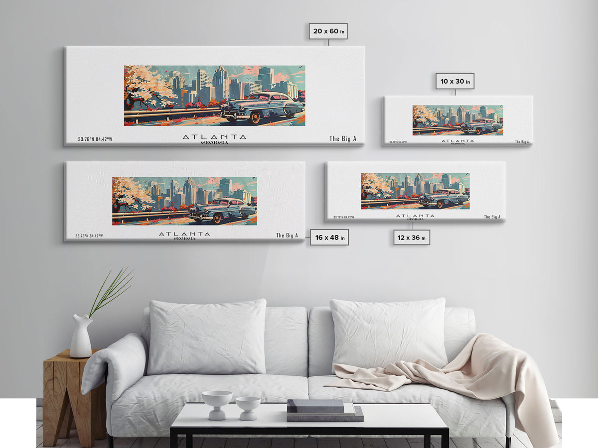 Atlanta Georgia Panoramic Painting, Mid Century Modern Framed Canvas Print, Retro Pop Art Travel Poster, Wall Decor, Gift Idea, Home Decor