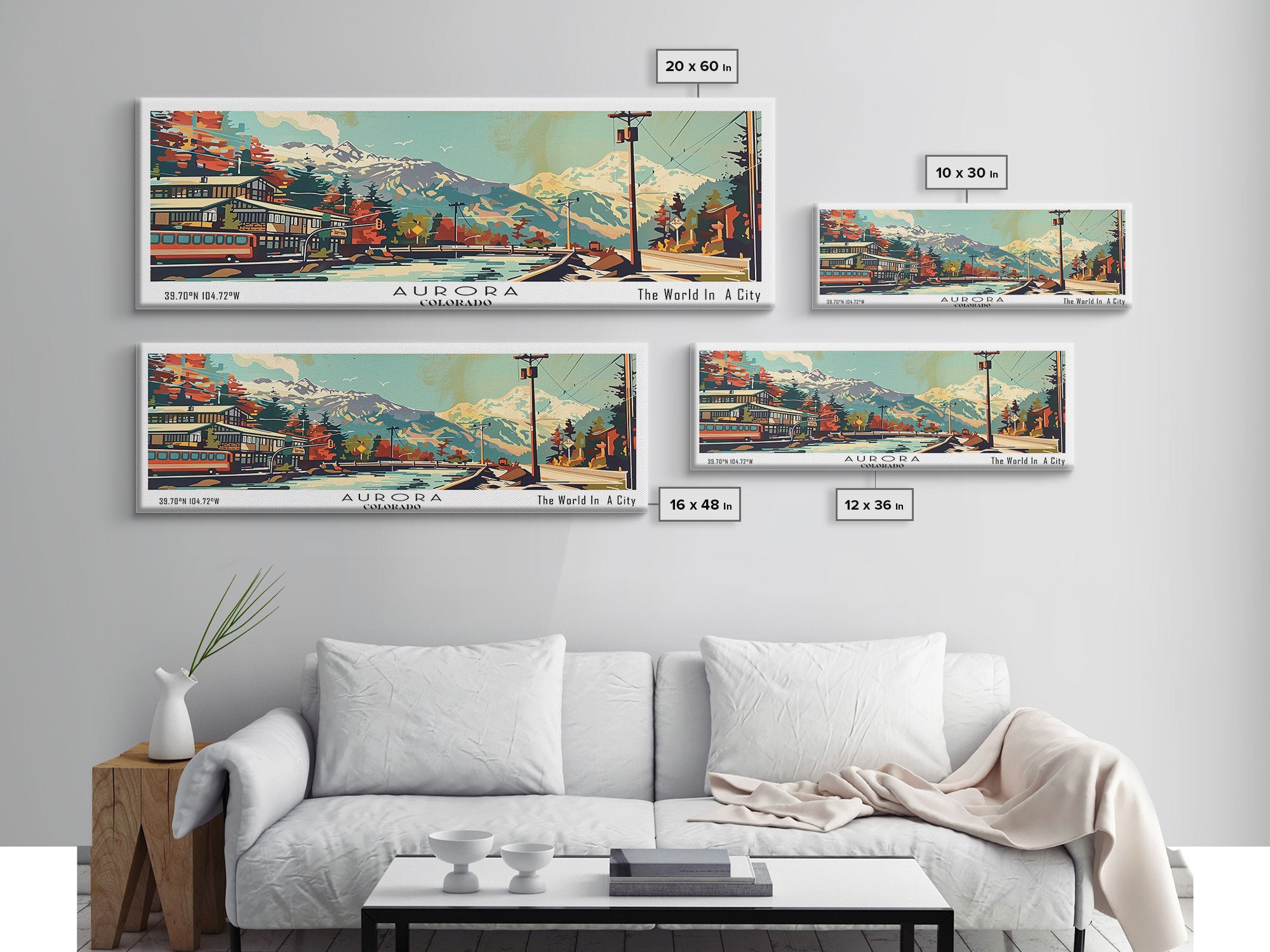 Aurora Colorado Panoramic Wall Art, Retro Pop Art Framed Canvas Print, Mid Century Modern Travel Poster, Living Room Decor, Wall Hanging, Office Art