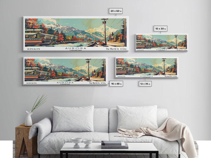 Aurora Colorado Panoramic Wall Art, Retro Pop Art Framed Canvas Print, Mid Century Modern Travel Poster, Living Room Decor, Wall Hanging, Office Art