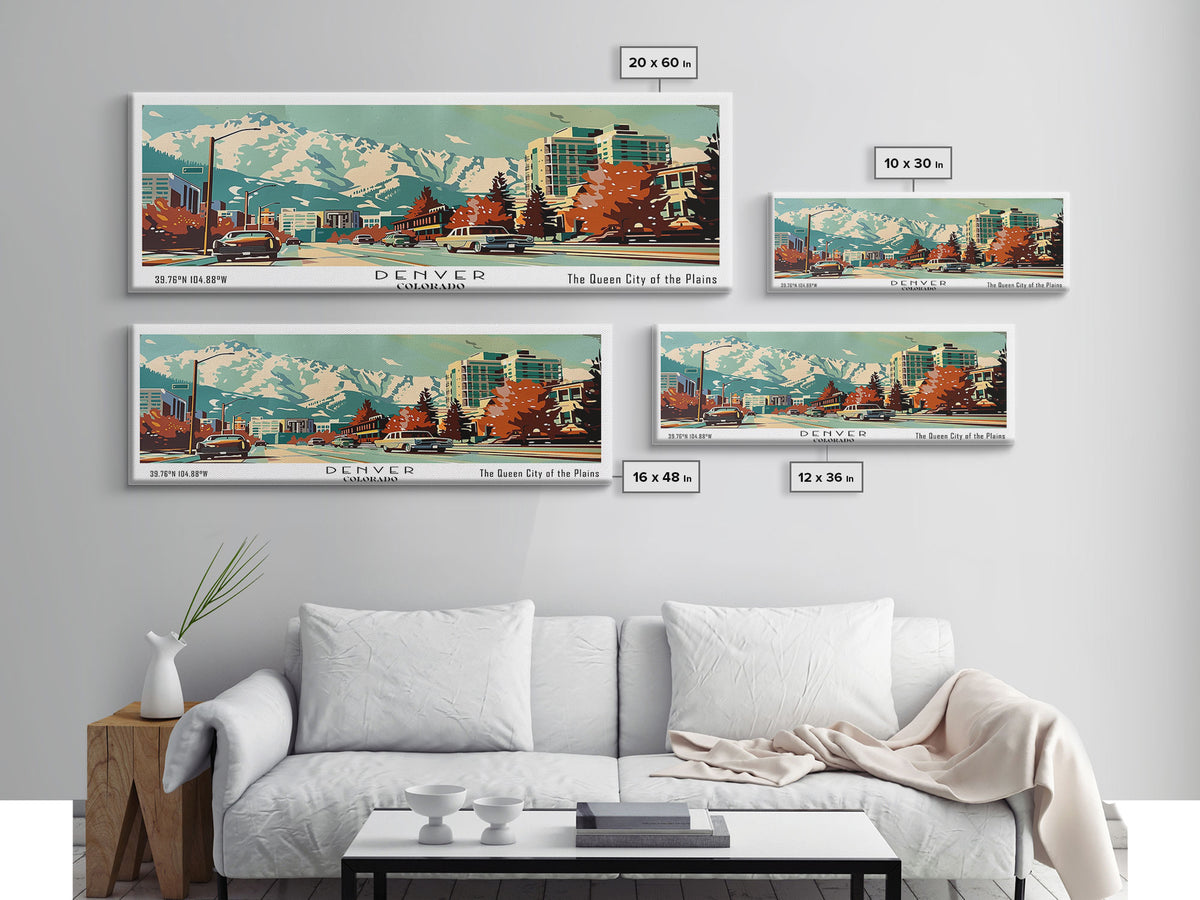 Denver Colorado Panoramic Painting, Mid Century Modern Framed Canvas Print, Retro Pop Art Travel Poster, Wall Art, Home Decor, Office Wall Art