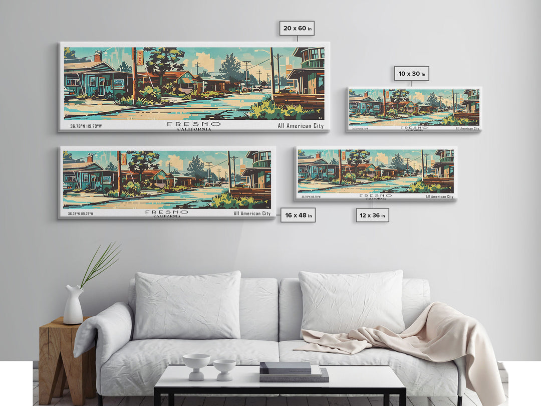 Fresno California Panoramic Wall Art, Retro Pop Art Framed Canvas Print, Mid Century Modern Travel Poster, Living Room Decor, Wall Hanging, Office Art