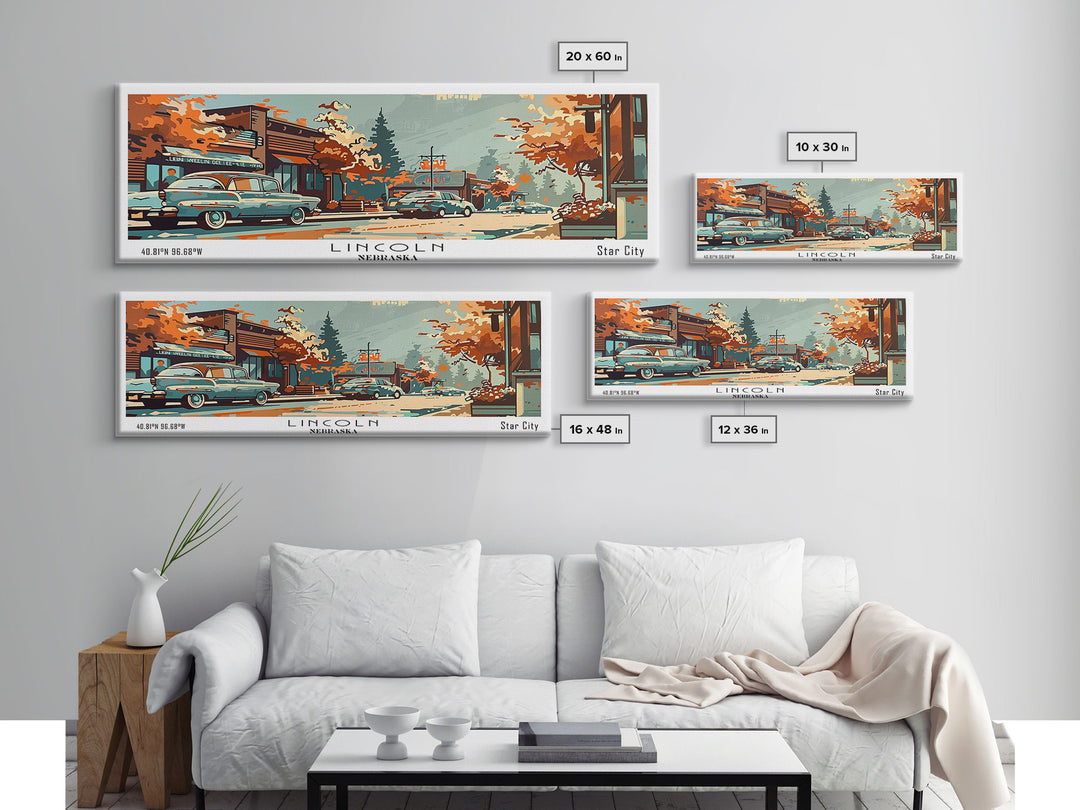 Lincoln Nebraska Panoramic Painting, Mid Century Modern Framed Canvas Print, Retro Pop Art Travel Poster, Wall Art, Home Decor, Office Wall Art, Living Room Decor