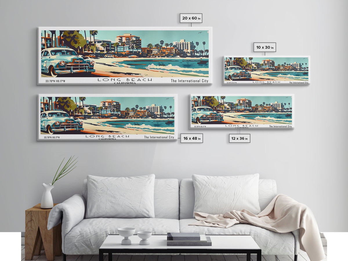 Long Beach California Panoramic Painting, Mid Century Modern Framed Canvas Print, Retro Pop Art Travel Poster, Living Room Wall Art, Home Decor, Vintage Style