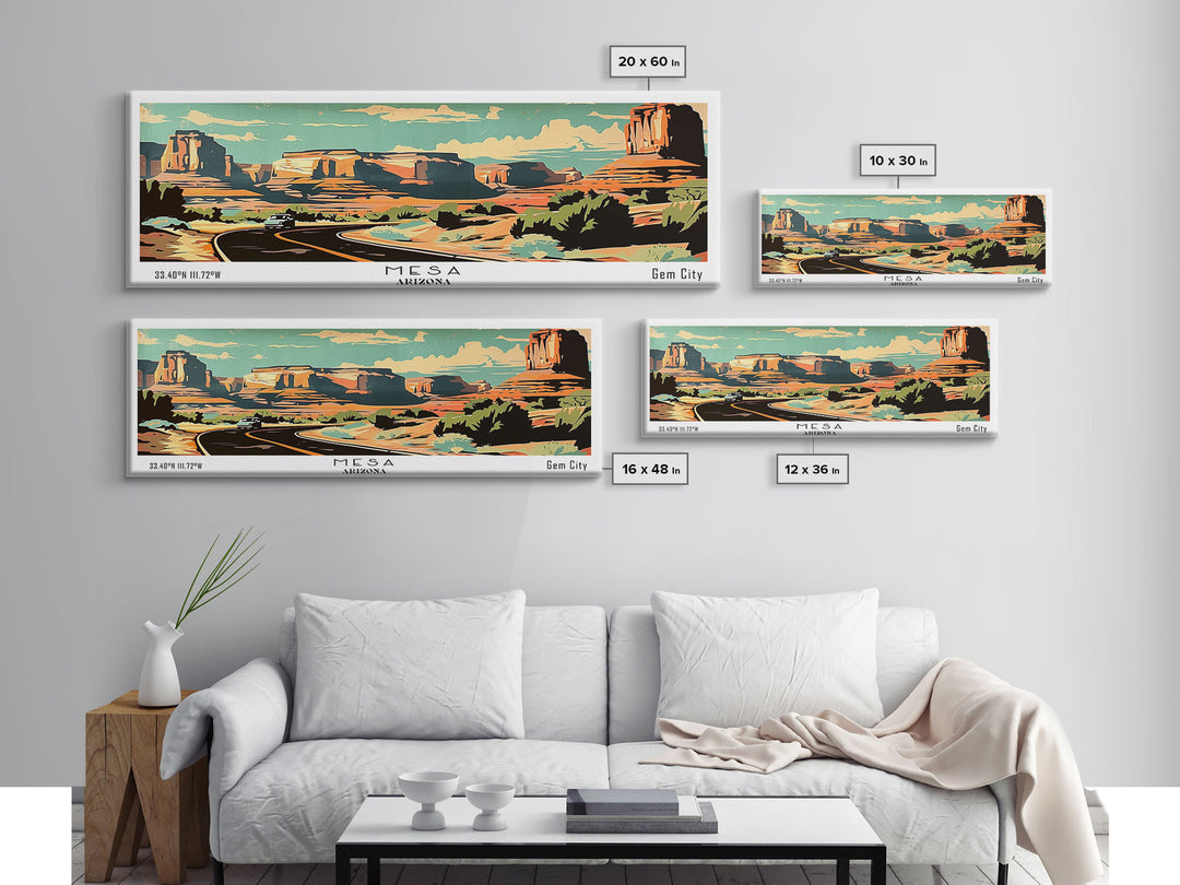 Mesa Arizona Panoramic Painting, Mid Century Modern Framed Canvas Print, Retro Pop Art Travel Poster, Living Room Art, Home Decor, Office Wall Art, Vintage Style