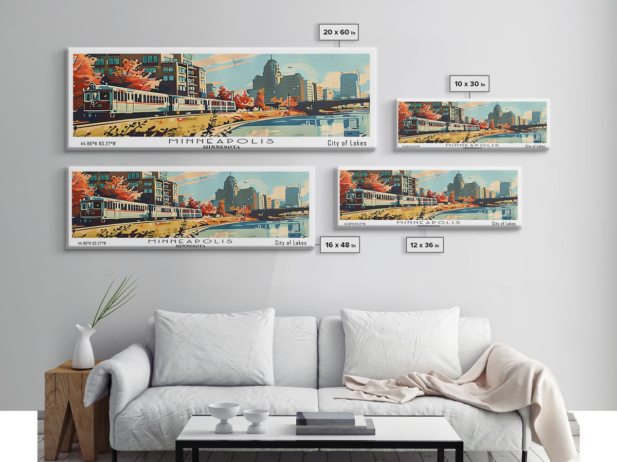 Minneapolis Minnesota Panoramic Painting, Mid Century Modern Framed Canvas Print, Retro Pop Art Travel Poster, Living Room Art, Home Decor, Office Wall Art, Vintage Style