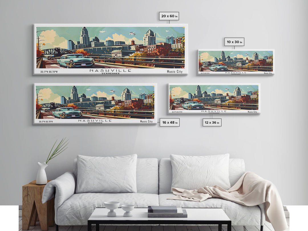 Nashville Tennessee Panoramic Painting, Mid Century Modern Framed Canvas Print, Retro Pop Art Travel Poster, Living Room Art, Home Decor, Office Wall Art, Vintage Style