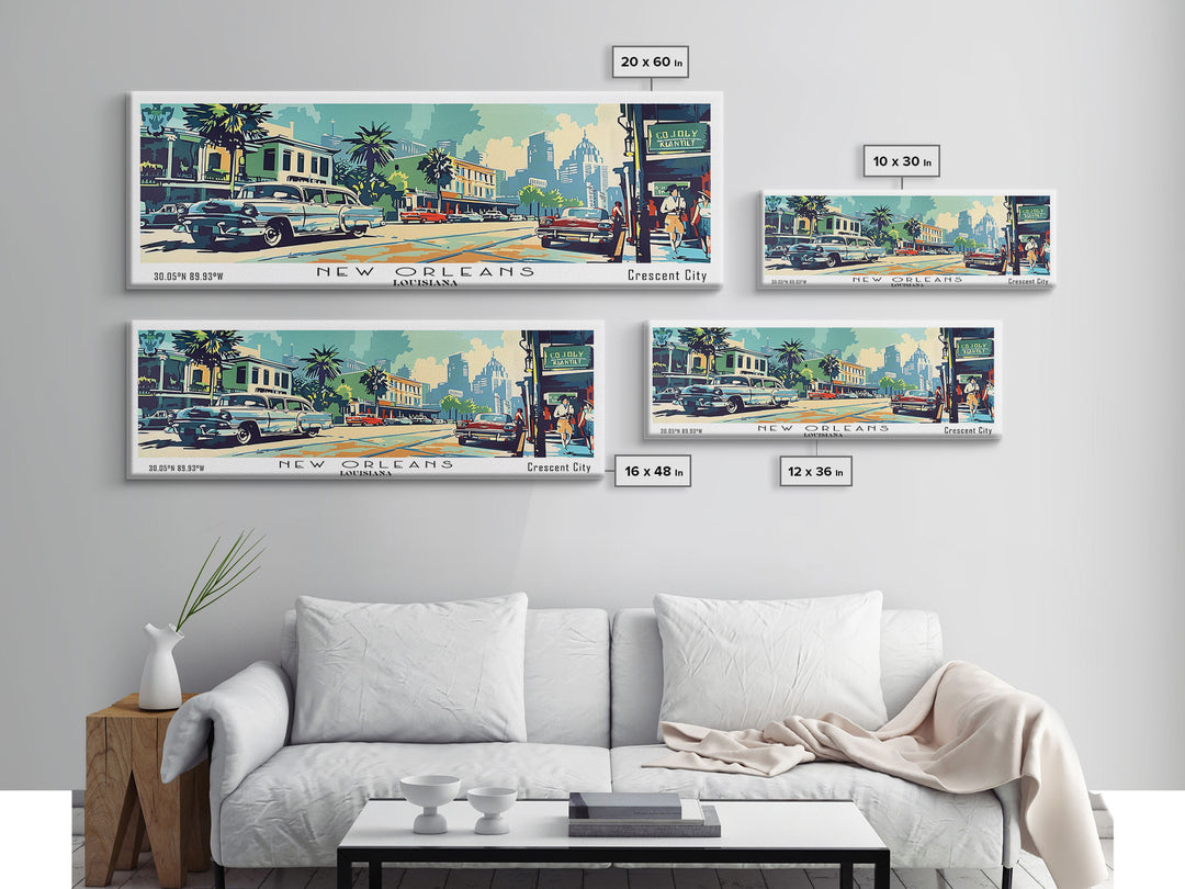New Orleans Louisiana Panoramic Painting, Mid Century Modern Framed Canvas Print, Retro Pop Art Travel Poster, Living Room Art, Home Decor, Office Wall Art, Vintage Style