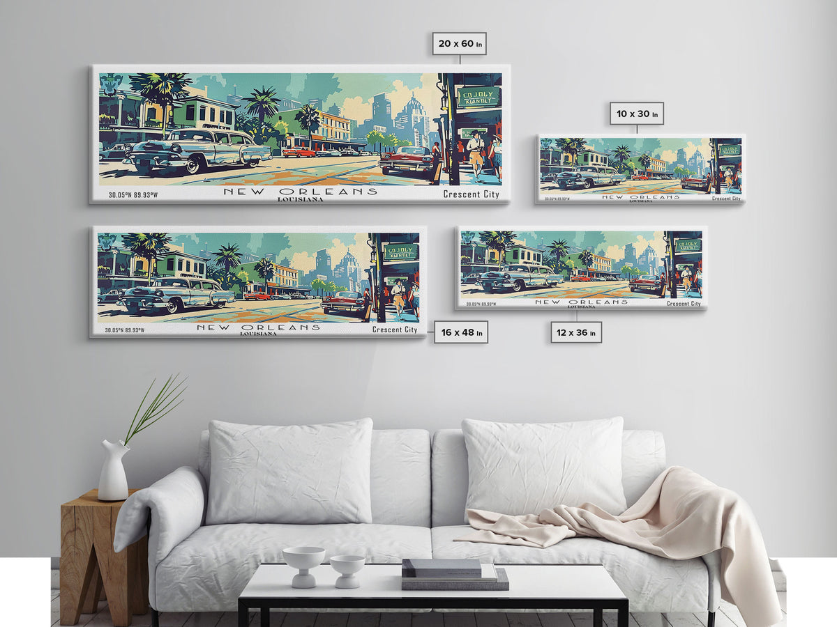 New Orleans Louisiana Panoramic Painting, Mid Century Modern Framed Canvas Print, Retro Pop Art Travel Poster, Living Room Art, Home Decor, Office Wall Art, Vintage Style