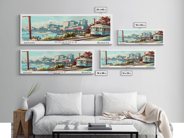 Norfolk Virginia Panoramic Painting, Mid Century Modern Framed Canvas Print, Retro Pop Art Travel Poster, Living Room Art, Home Decor, Office Wall Art, Vintage Style