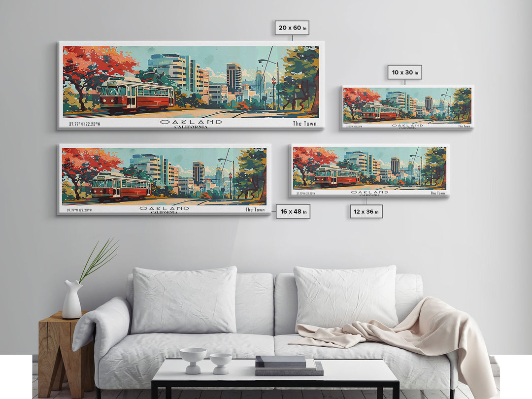 Oakland California Panoramic Painting, Mid Century Modern Framed Canvas Print, Retro Pop Art Travel Poster, Living Room Art, Home Decor, Office Wall Art, Vintage Style